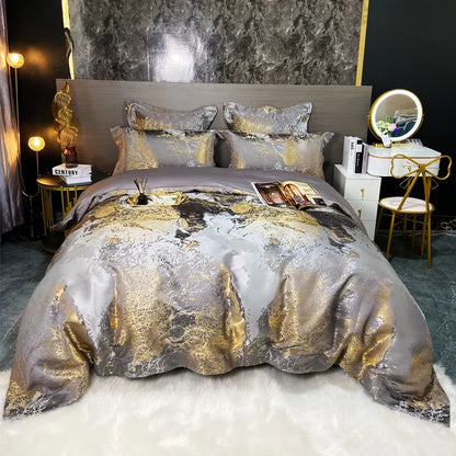 DecorBites™ Black Gold Jacquard Egyptian Cotton Bedding Set, Satin Duvet Cover, Fitted Sheet Pillowcases