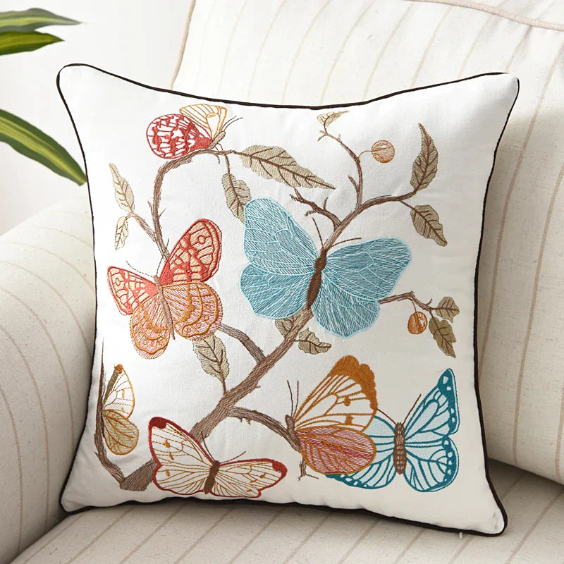 DecorBites™ Butterfly Floral Cotton Embroidered Pillow Cover 45x45cm Home Decor Square
