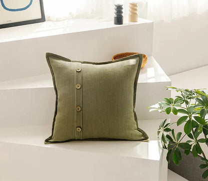 DecorBites™ Cotton Linen Cushion Cover 45x45cm in Pink Blue Green Beige with Coconut Buttons for Home Décor