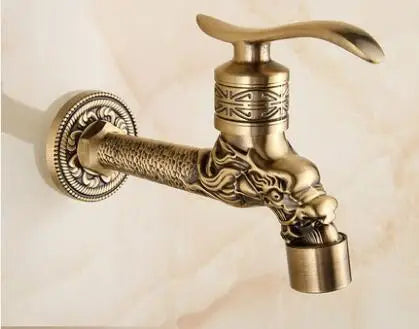 DecorBites™ Antique Brass Dragon Carved Outdoor Washing Machine Faucet Cold Tap