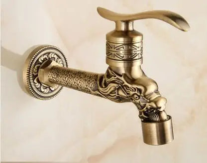 DecorBites™ Dragon Carved Antique Brass Garden Bibcocks Single Cold Tap for Outdoor ★