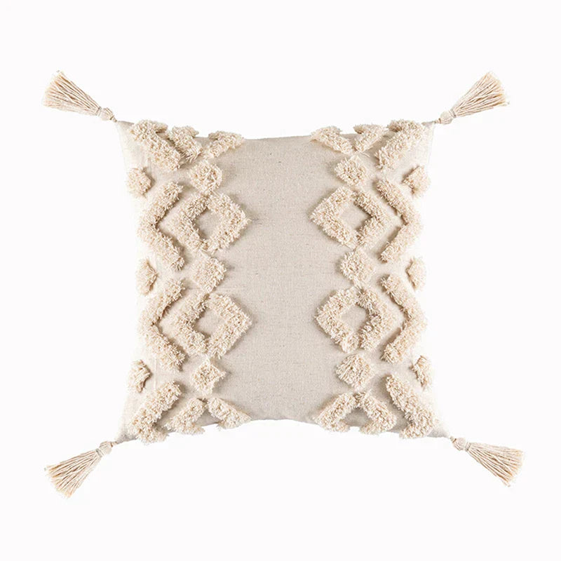 DecorBites™ Beige Tassels Cushion Cover, Handmade Square Home Decoration for Living Room