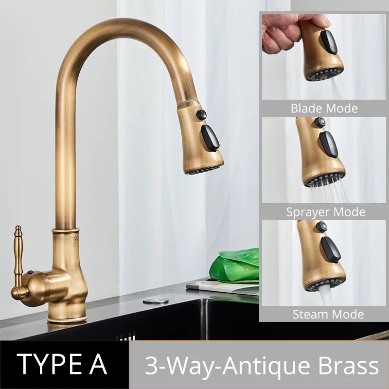 DecorBites™ Antique Brass Kitchen Faucet Pull Out Single Handle Mixer Tap 360 Rotation