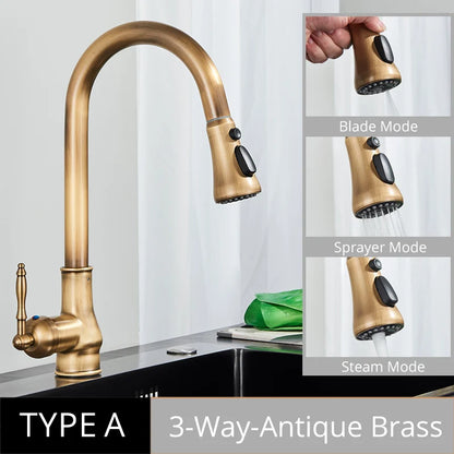 DecorBites™ Antique Brass Kitchen Faucet Pull Out Single Handle Mixer Tap 360 Rotation