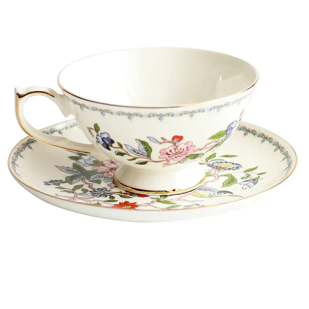 DecorBites™ Bone China Tea Cup Set, Flowers Teacup & Snack Dish for Office Drinkware