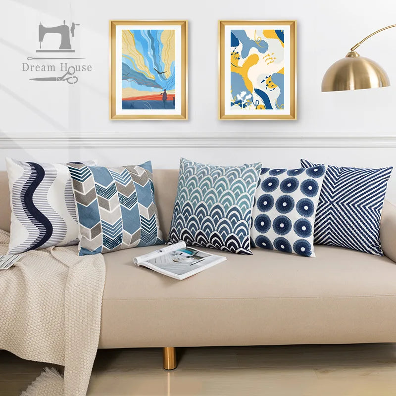 DecorBites™ Blue Floral Geometric Embroidery Cushion Cover 45x45cm for a Cozy Home