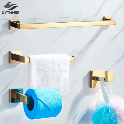DecorBites™ Gold Bathroom Hardware Set: Robe Hook, Towel Rail, Shelf, Tissue Holder