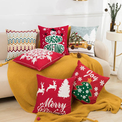 DecorBites™ Christmas Embroidered Cushion Cover 45x45cm - Red Green Santa Snowflake Deer Snowman