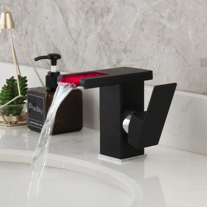 DecorBites™ LED Waterfall Basin Faucet White & Black Mixer Tap Deck Mount Solid Brass