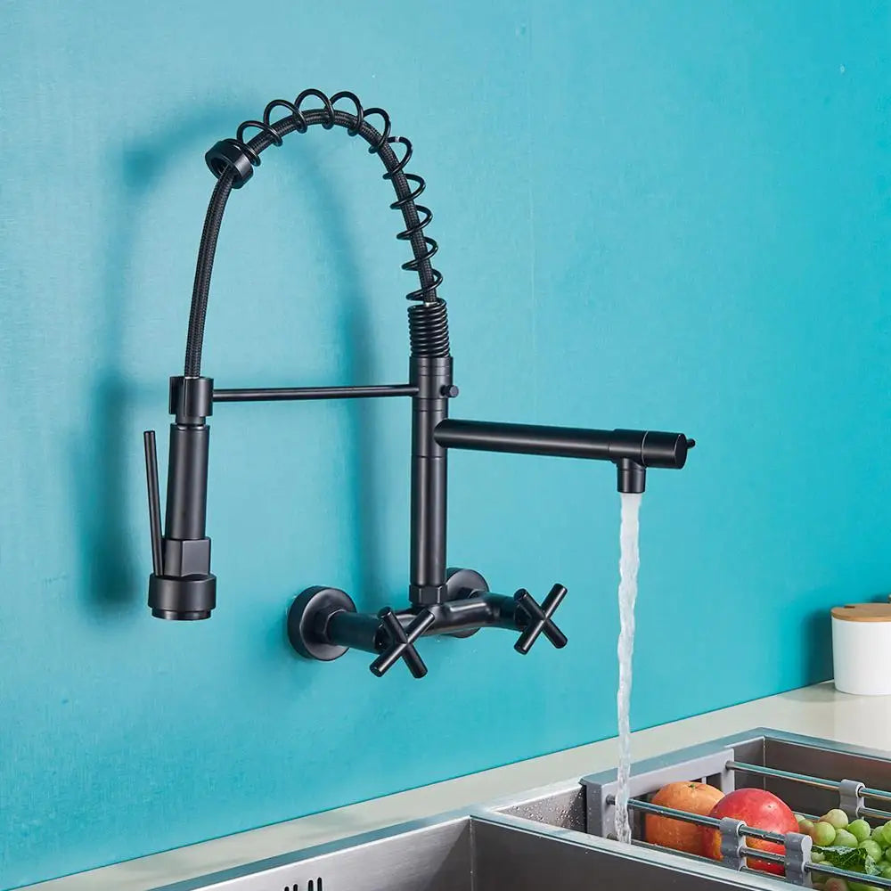 DecorBites™ Black Wall-Mounted Kitchen Faucet with Swivel Spout and Dual Handles