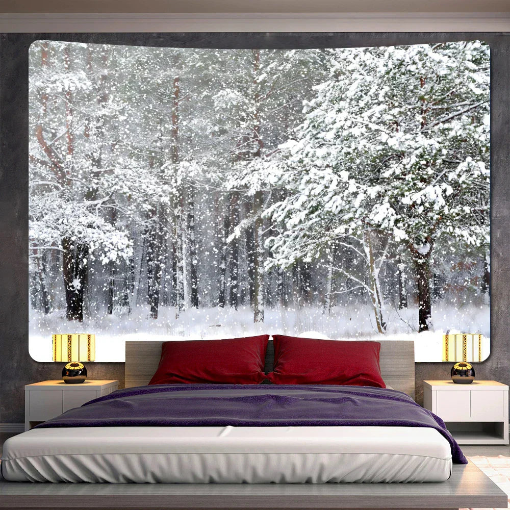 DecorBites™ Christmas Snow Forest Tapestry: Bohemian Bedroom Wall Decoration
