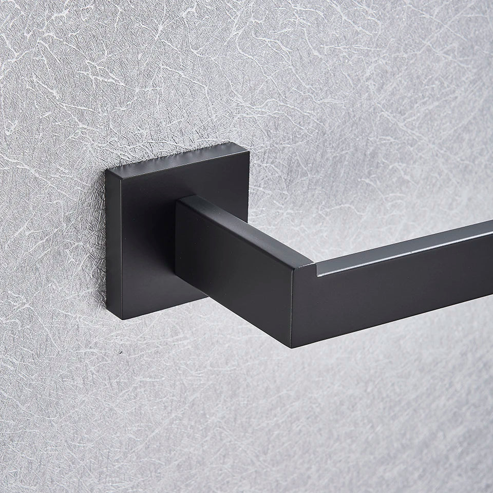 DecorBites™ Black Bathroom Accessories Set: Robe Hook, Towel Rail, Shelf, Paper Holder
