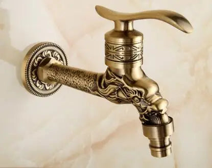 DecorBites™ Antique Brass Dragon Carved Outdoor Washing Machine Faucet Cold Tap