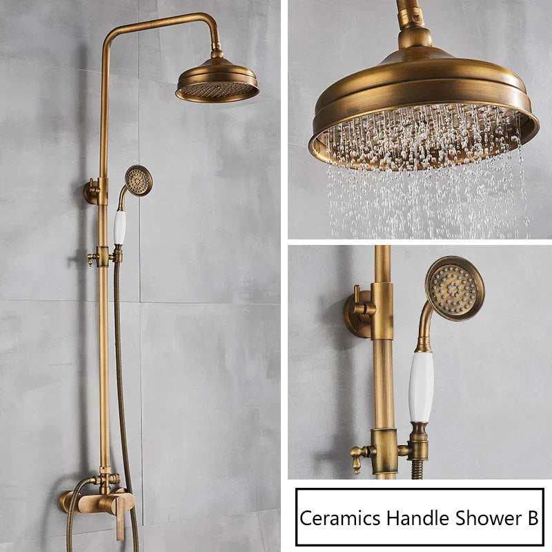 DecorBites™ Antique Brass Shower Set Single Handle Wall Mount Rainfall Mixer Faucet
