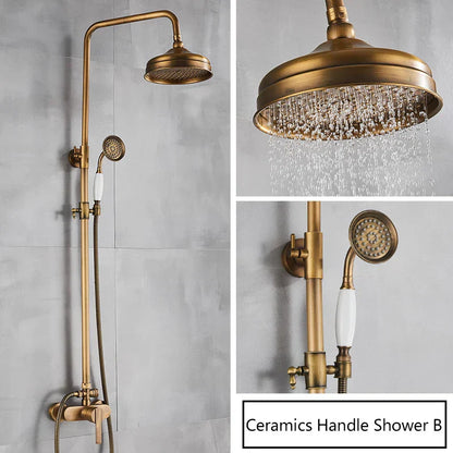 DecorBites™ Antique Brass Shower Set Single Handle Wall Mount Rainfall Mixer Faucet