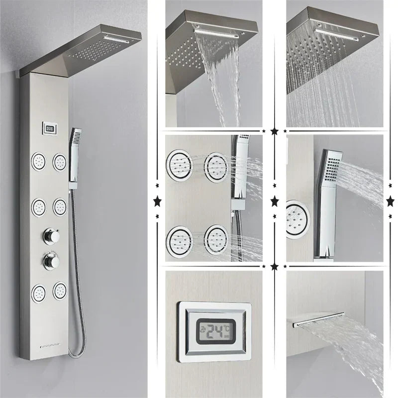 DecorBites™ Black Rainfall Shower Panel Set with Massage System and Temperature Screen