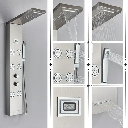 DecorBites™ Black Rainfall Shower Panel Set with Massage System and Temperature Screen