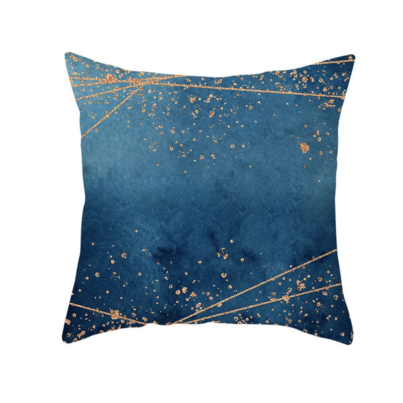 DecorBites™ Blue Ink Gold Edge Geometric Cushion Cover - Polyester Throw Pillow Case