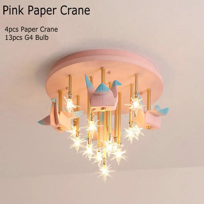 DecorBites™ Kids Resin Horse Paper Crane Ceiling Light - Blue Pink LED Bedroom Lamp
