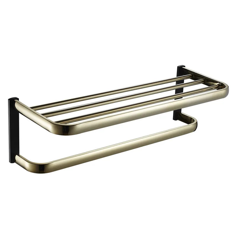 ™ Gold & Black Bathroom Hardware Set: Shelf, Towel Rack, Paper Holder, Brush Holder
