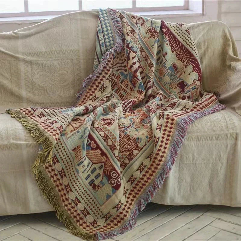 DecorBites™ Bohemian Knitted Sofa Cover with Tassels - Soft Double Sided Couch Blanket