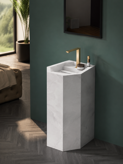 Anti Onyx Silver Luxury Engineered Stone Freestanding Bathroom Sink, Geometric Hexagonal Column – NACS Collection