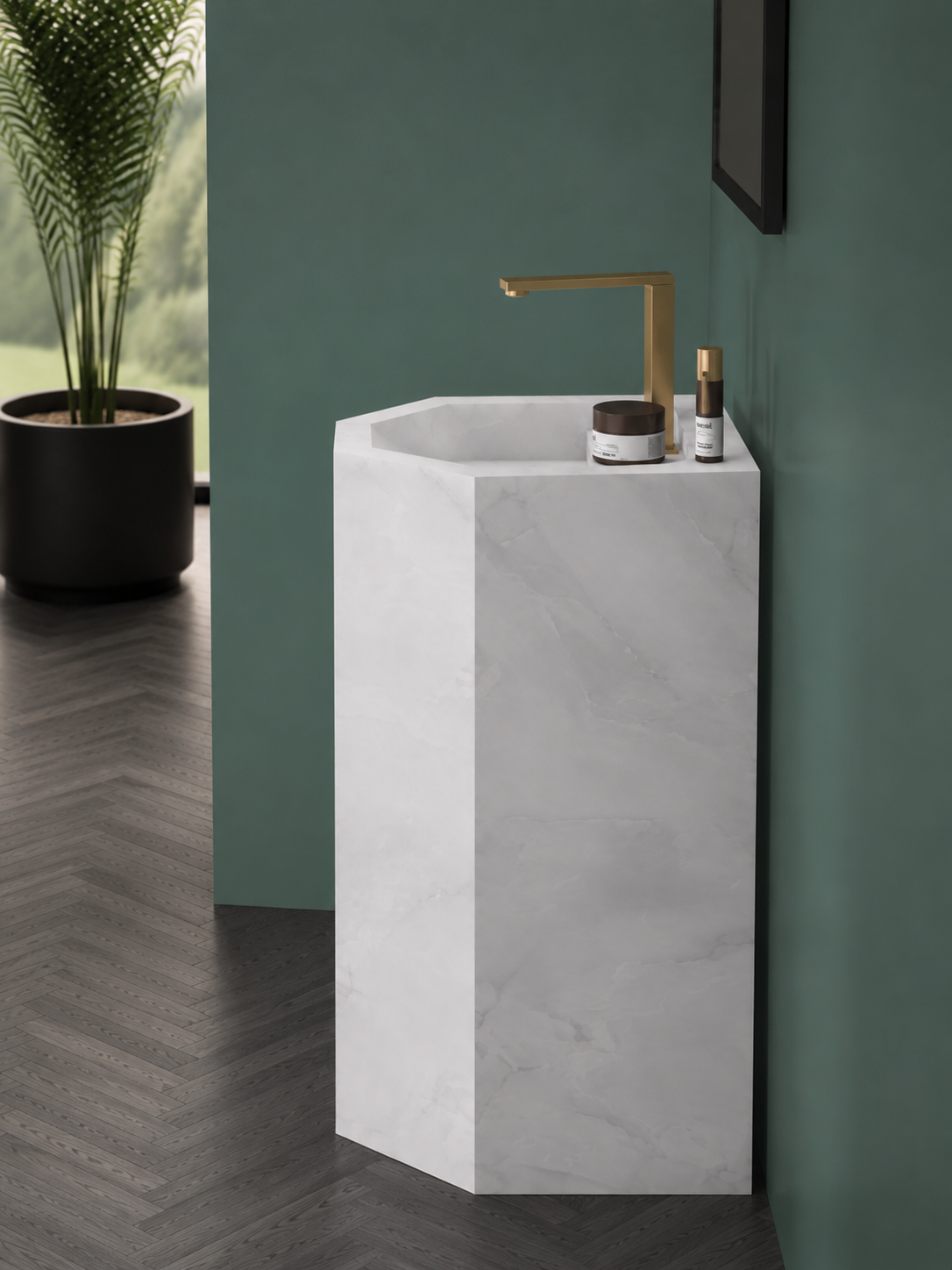 Anti Onyx Silver Luxury Engineered Stone Freestanding Bathroom Sink, Geometric Hexagonal Column – NACS Collection