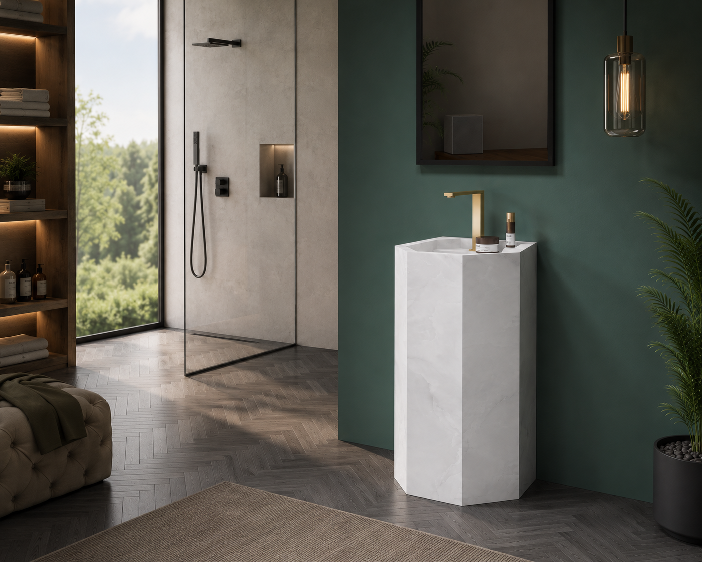 Anti Onyx Silver Luxury Engineered Stone Freestanding Bathroom Sink, Geometric Hexagonal Column – NACS Collection