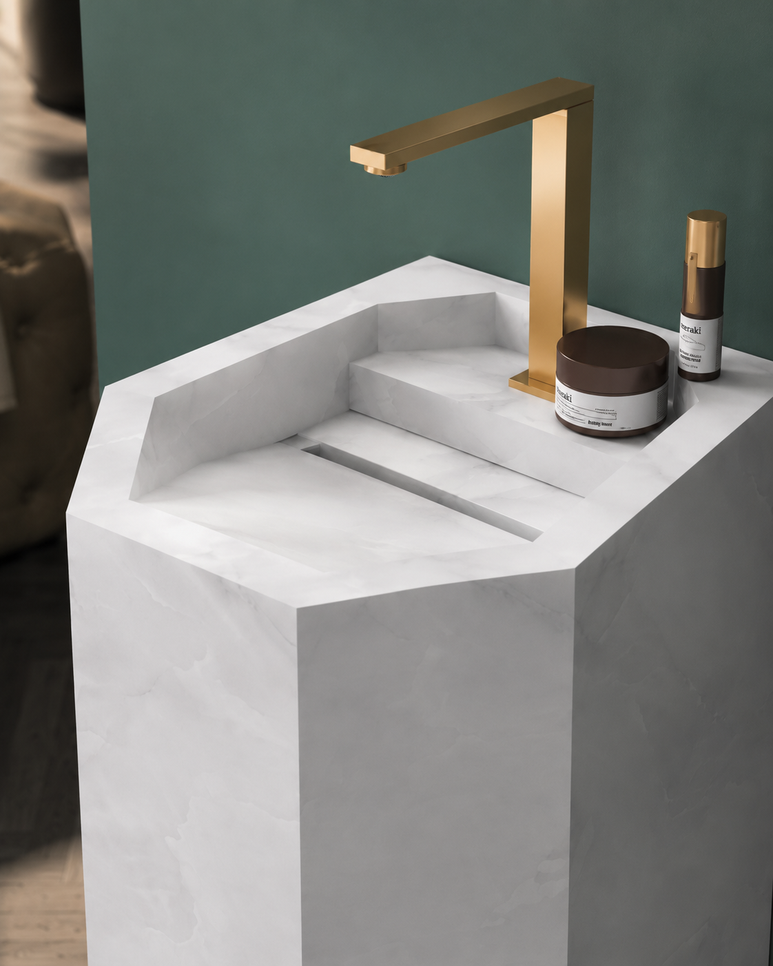 Anti Onyx Silver Luxury Engineered Stone Freestanding Bathroom Sink, Geometric Hexagonal Column – NACS Collection