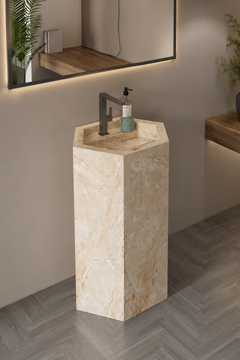 Aspire Beige Luxury Stone-Look Freestanding Bathroom Sink, Modern Hexagonal Pedestal Column – NACS Collection