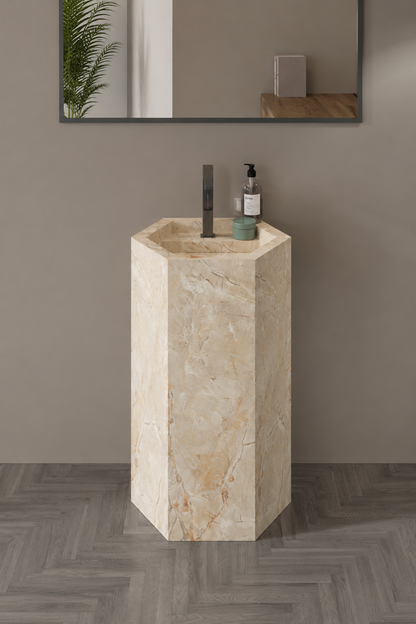 Aspire Beige Luxury Stone-Look Freestanding Bathroom Sink, Modern Hexagonal Pedestal Column – NACS Collection