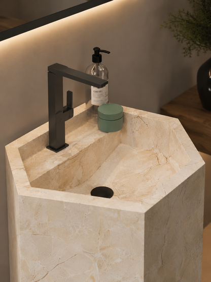Aspire Beige Luxury Stone-Look Freestanding Bathroom Sink, Modern Hexagonal Pedestal Column – NACS Collection