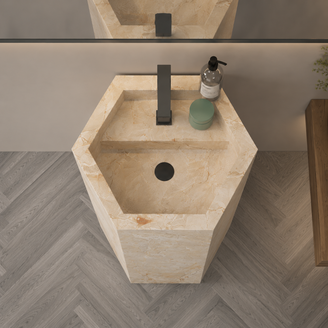 Aspire Beige Luxury Stone-Look Freestanding Bathroom Sink, Modern Hexagonal Pedestal Column – NACS Collection