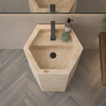 Aspire Beige Luxury Stone-Look Freestanding Bathroom Sink, Modern Hexagonal Pedestal Column – NACS Collection