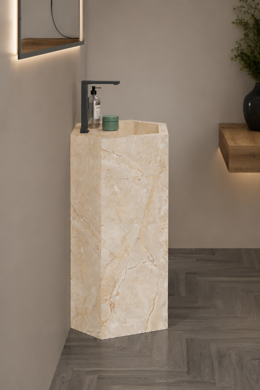 Aspire Beige Luxury Stone-Look Freestanding Bathroom Sink, Modern Hexagonal Pedestal Column – NACS Collection