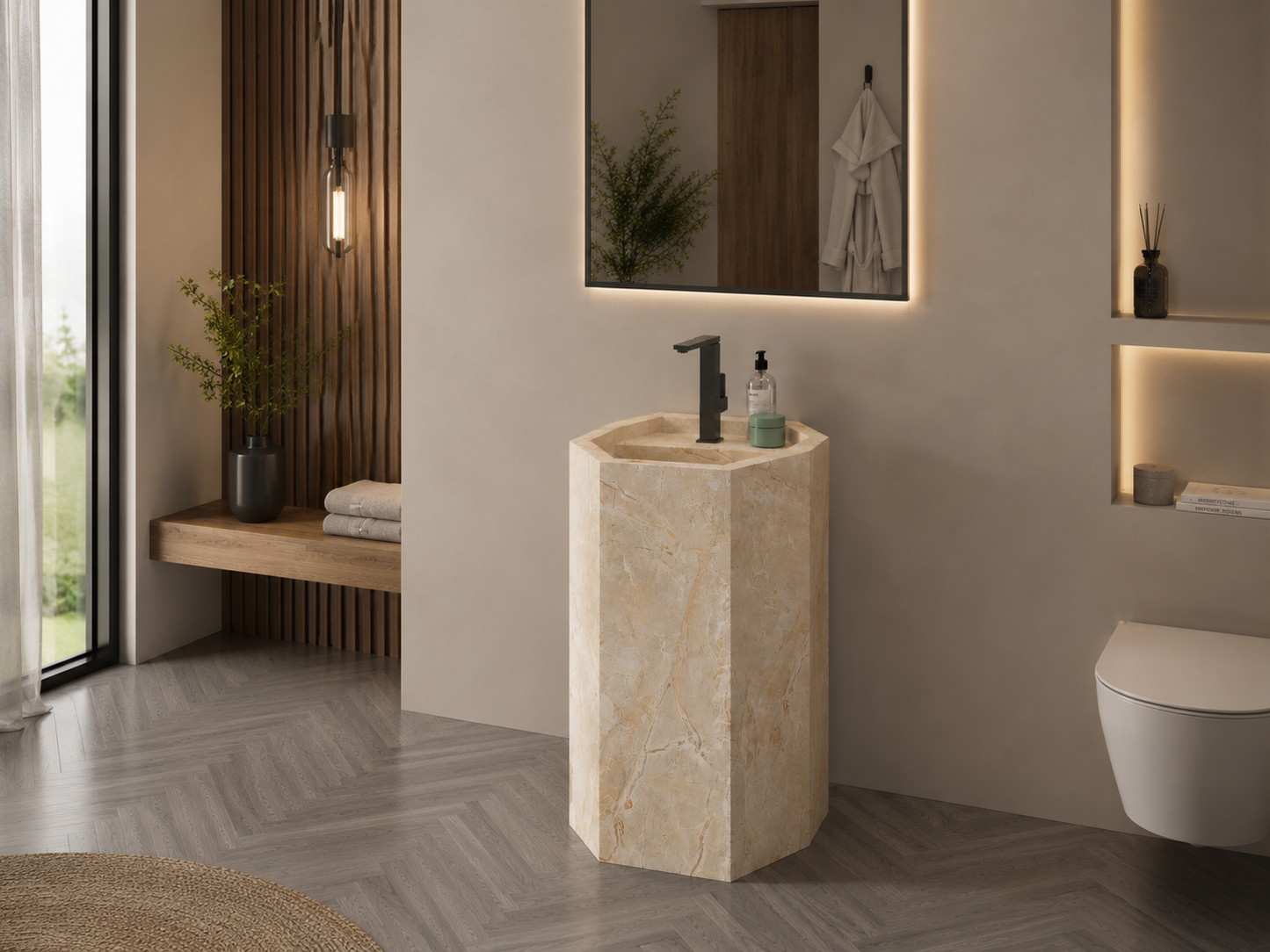 Aspire Beige Luxury Stone-Look Freestanding Bathroom Sink, Modern Hexagonal Pedestal Column – NACS Collection