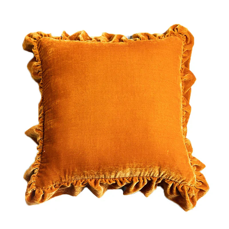 DecorBites™ Luxe Orange Velvet Ruffled Euro Pillow Sham - French Style Elegance