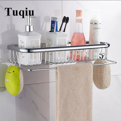 DecorBites™ Gold Brass Bathroom Shelf with Towel Hanger, Shampoo Holder, and Basket
