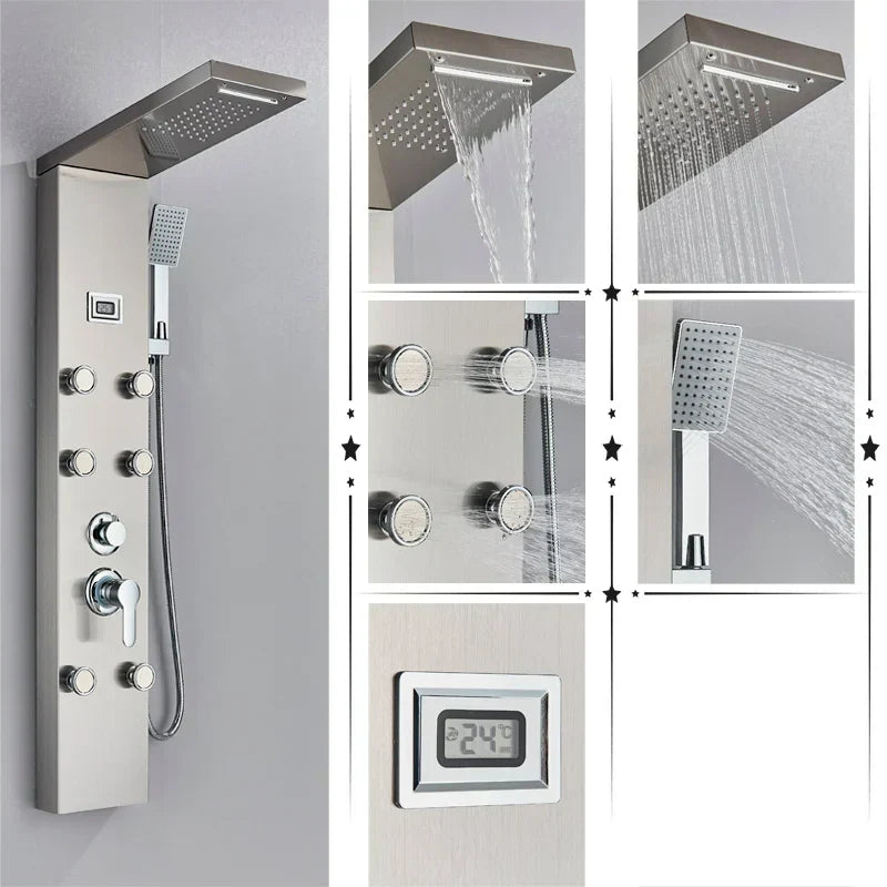 DecorBites™ Black Rainfall Shower Panel Set with Massage System and Temperature Screen