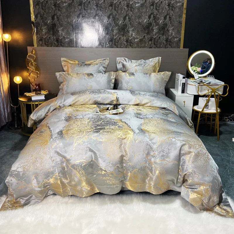 DecorBites™ Black Gold Jacquard Egyptian Cotton Bedding Set, Satin Duvet Cover, Fitted Sheet Pillowcases
