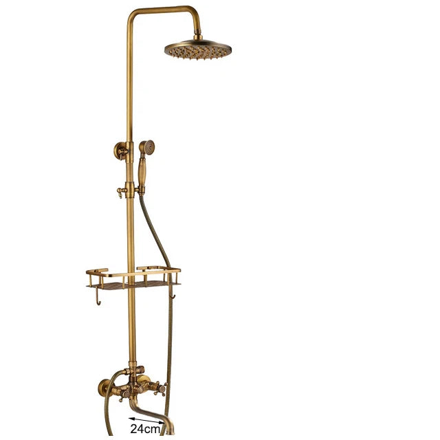 DecorBites™ Antique Brass Wall Mount Bathtub Shower Faucet Dual Handle Shelf Spout