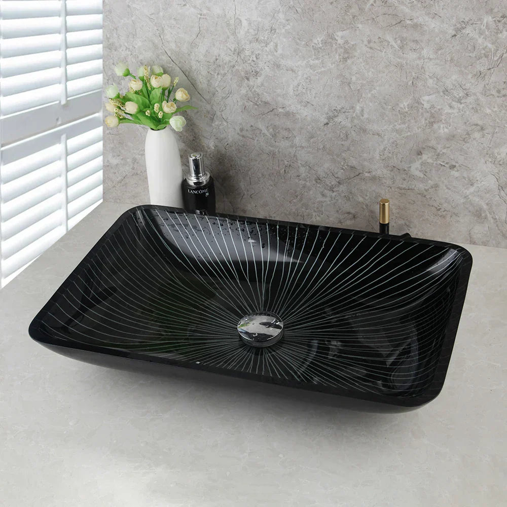 DecorBites™ Black Glass Bathroom Sink Set with Hand Painted Design & Waterfall Faucet
