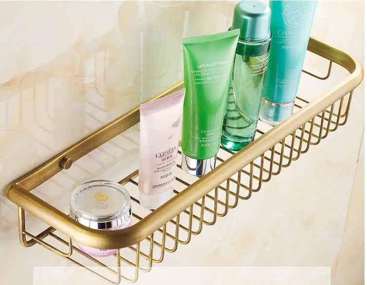 DecorBites™ Gold Brass Bathroom Shelf with Towel Hanger, Shampoo Holder, and Basket