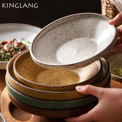 DecorBites™ Ceramic Round Plate Set - Retro Style High Footed Soup and Salad Bowls