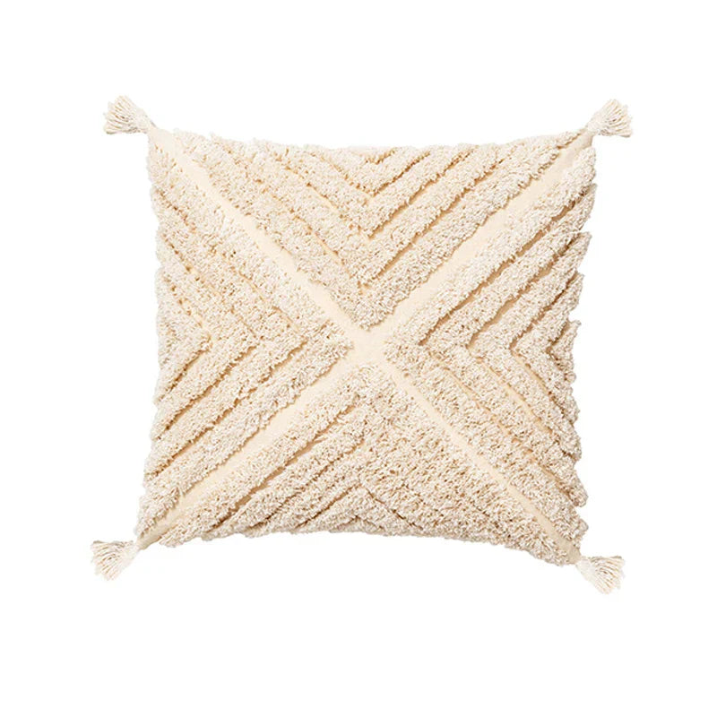 DecorBites™ Beige Tassels Cushion Cover, Handmade Square Home Decoration for Living Room