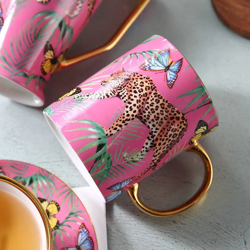 Pink jungle animals bone china teacup and saucer set dining room