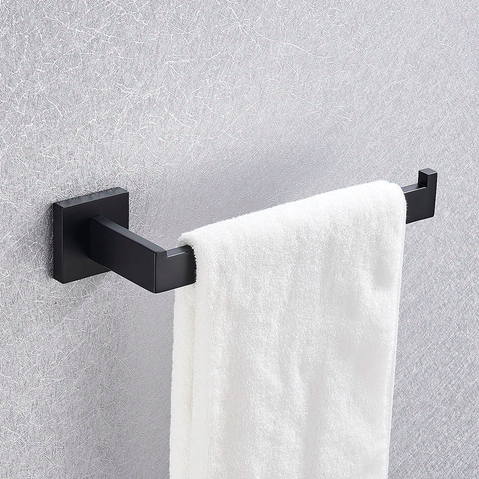 DecorBites™ Black Bathroom Accessories Set: Robe Hook, Towel Rail, Shelf, Paper Holder