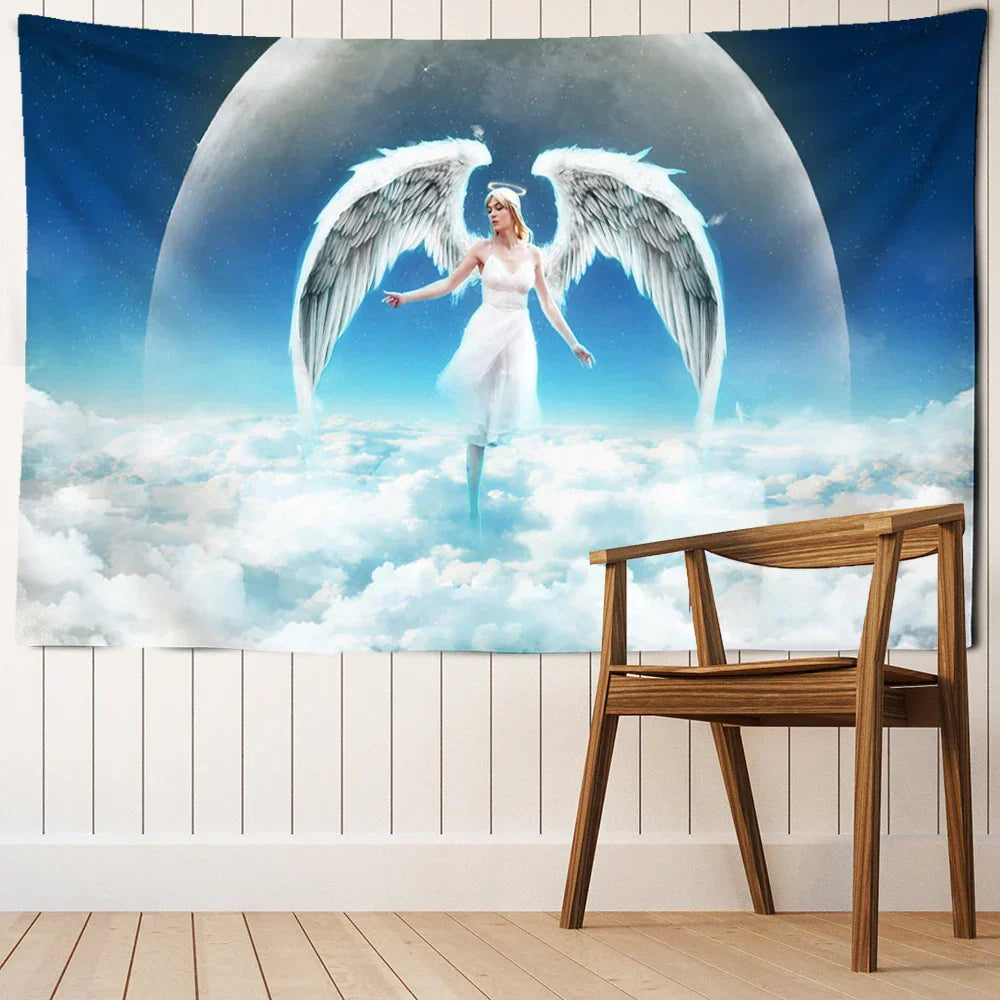 DecorBites™ Angel Tapestry Wall Hanging: Blue Sky White Clouds Halo Bohemian Art Decor
