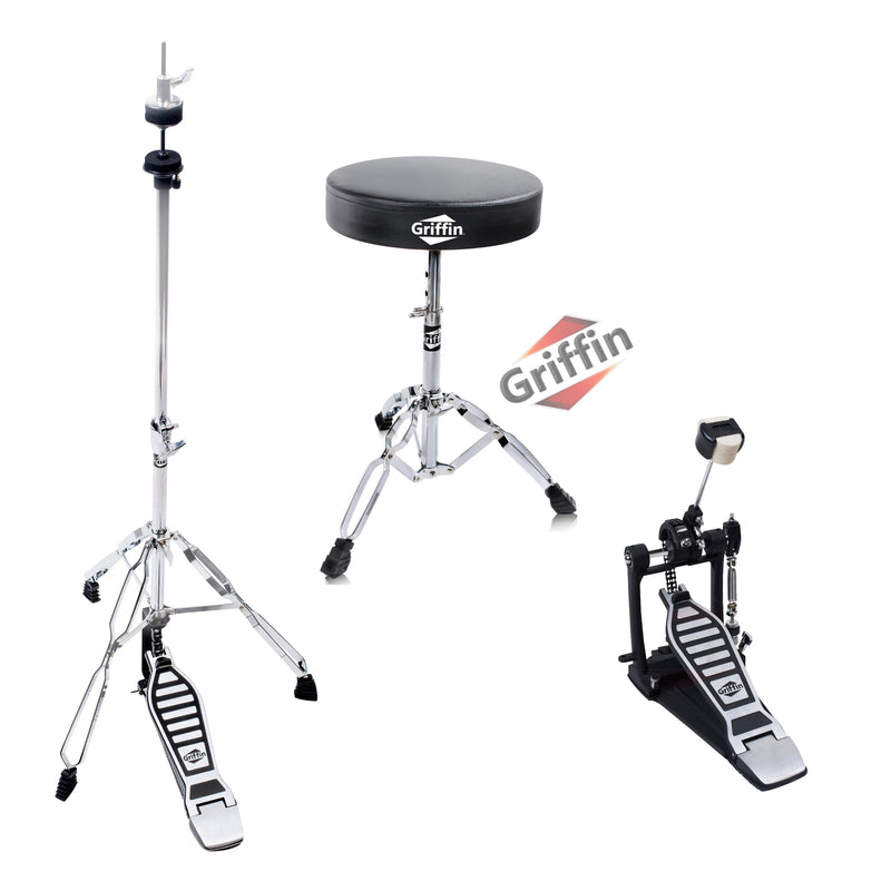 GRIFFIN Drum Hardware Set (3-Piece Kit) - Bass Drum Kick Pedal, Drummer's Throne Seat & Hi-Hat Stand - Deluxe Chrome Percussion Set for Mounting Crash, Ride & Splash Cymbals