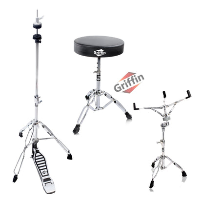 Drum Hardware Set - Hi-Hat Stand, Drummer's Throne Seat & Snare Stand (3-Piece Kit) by GRIFFIN - Deluxe Chrome Slip-Proof Gear Holder Percussion Kit for Mounting Hi-Hat Cymbals & Snare Drums